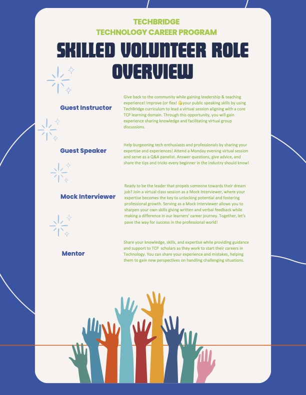 Guest Instructor  Give back to the community while gaining leadership & teaching experience! Improve (or flex! 💪) your public speaking skills by using TechBridge curriculum to lead a virtual session aligning with a core TCP learning domain. Through this opportunity, you will gain experience sharing knowledge and facilitating virtual group discussions.         Guest Speaker   Help burgeoning tech enthusiasts and professionals by sharing your expertise and experiences! Attend a Monday evening virtual session and serve as a Q&A panelist. Answer questions, give advice, and share the tips and tricks every beginner in the industry should know!    Mock Interviewer  Ready to be the leader that propels someone towards their dream job? Join a virtual class session as a Mock Interviewer, where your expertise becomes the key to unlocking potential and fostering professional growth. Serving as a Mock Interviewer allows you to sharpen your own skills giving written and verbal feedback while making a difference in our learners' career journey. Together, let's pave the way for success in the professional world!     Mentor   Share your knowledge, skills, and expertise while providing guidance and support to a team of 3-5 learners as they collaborate to complete their culminating project. Our learners are just starting or looking to enhance their project management career. You can share your experience and mistakes, helping our learners gain new perspectives on handling challenging situations and receive feedback on their performance.