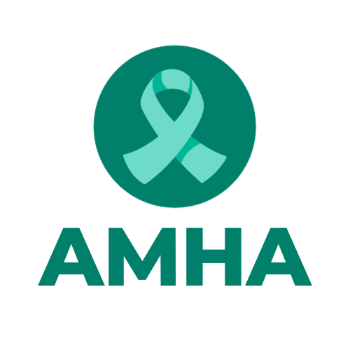 logo for AMHA. Green mental health ribbon and AMHA text