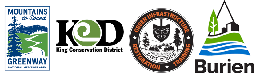 Logos of the Greenway Trust, Burien PaRCS, Dirt Corps, and Pacific Education Institute