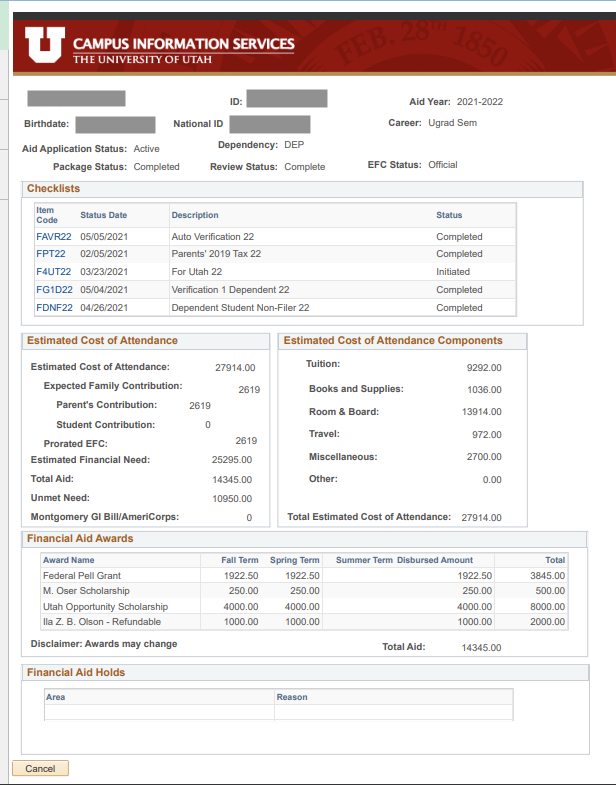 Financial Aid Summary Example