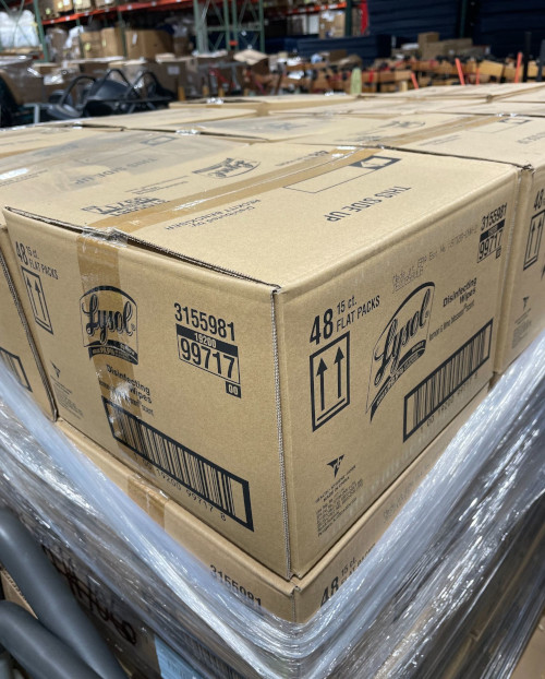 Lysol Wipes boxes on a pallet