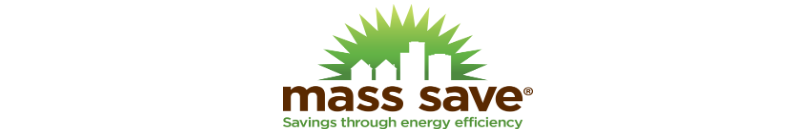 Green splash with buildings silhouetted against it. Mass Save Logo