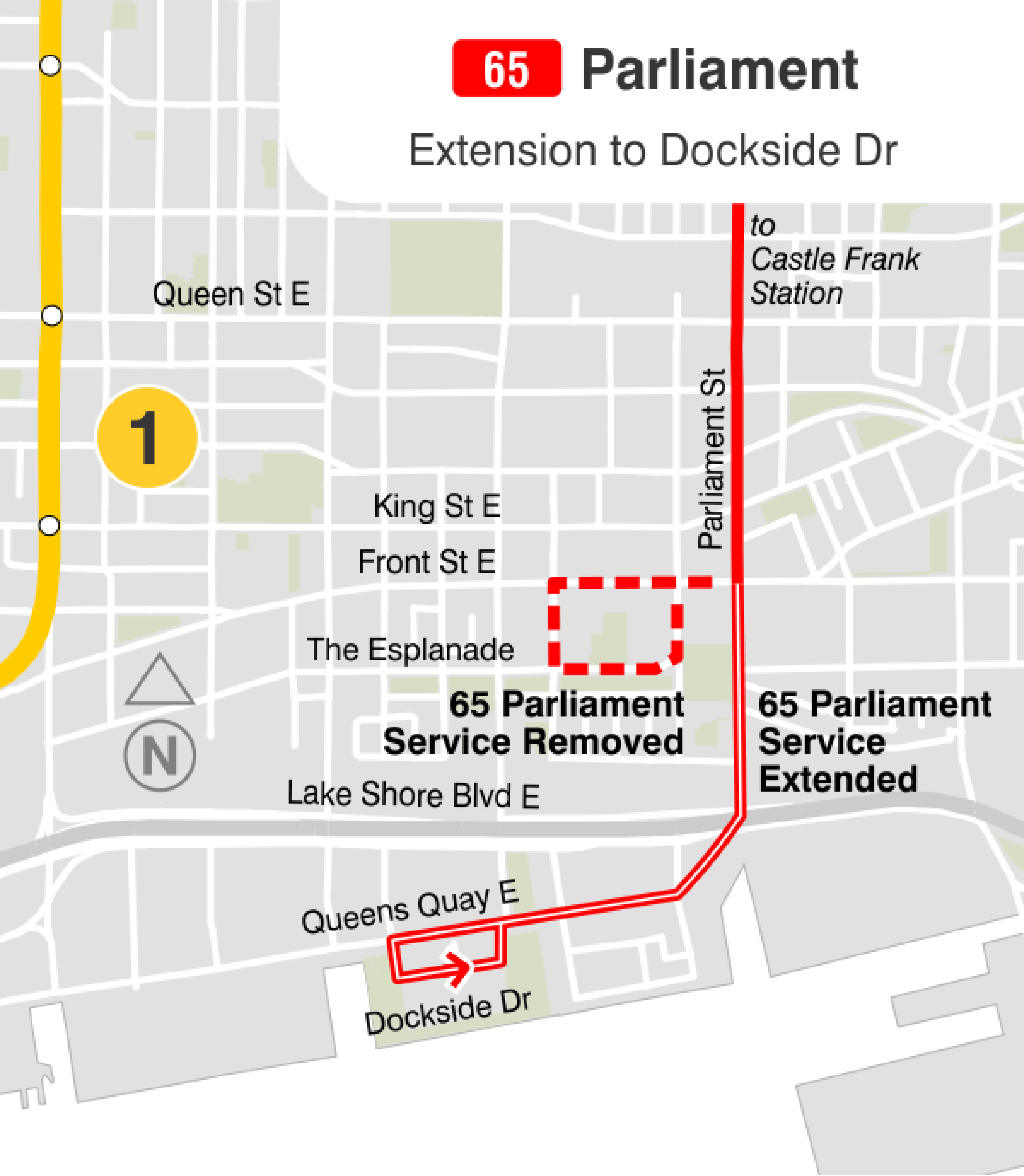 New service to George Brown College and Queens Quay East via 65 Parliament