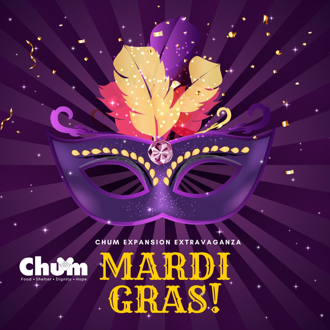 Purple Mardi Gras mask with event title and Chum logo